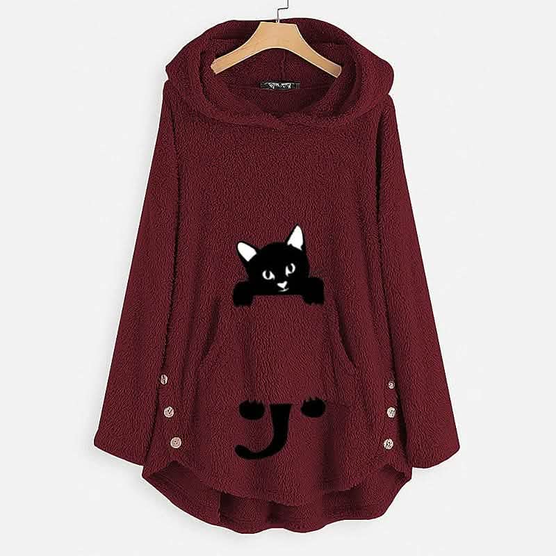 Damen Teddyfell Mantel Katze Tier Vordertasche Hoodies