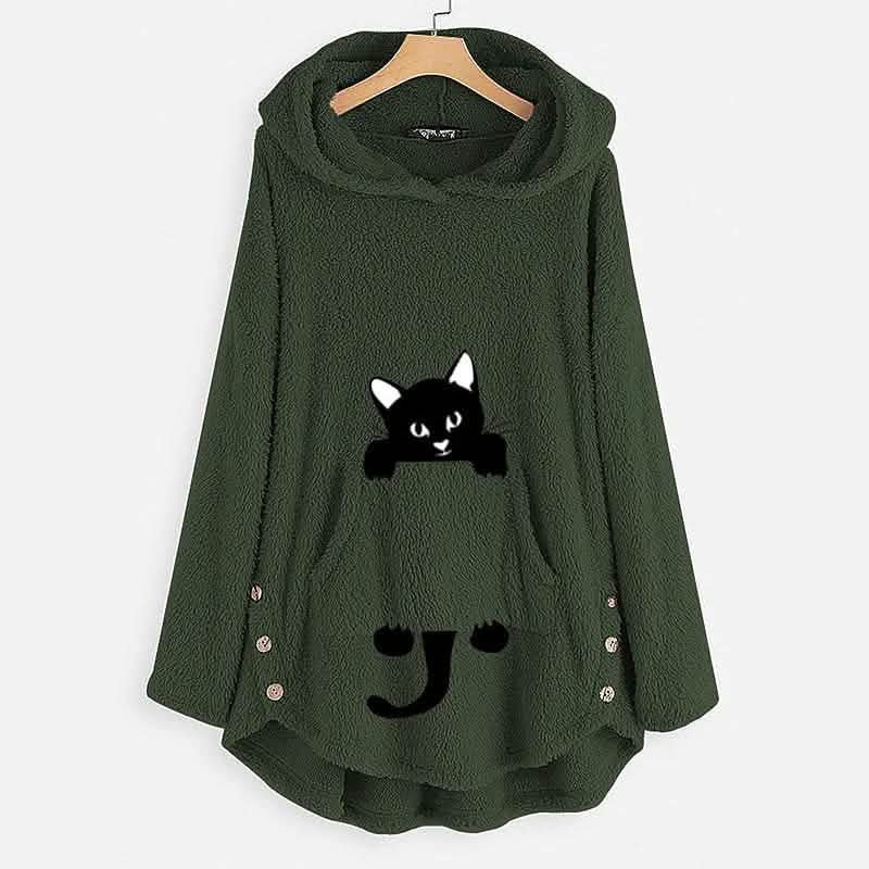 Damen Teddyfell Mantel Katze Tier Vordertasche Hoodies