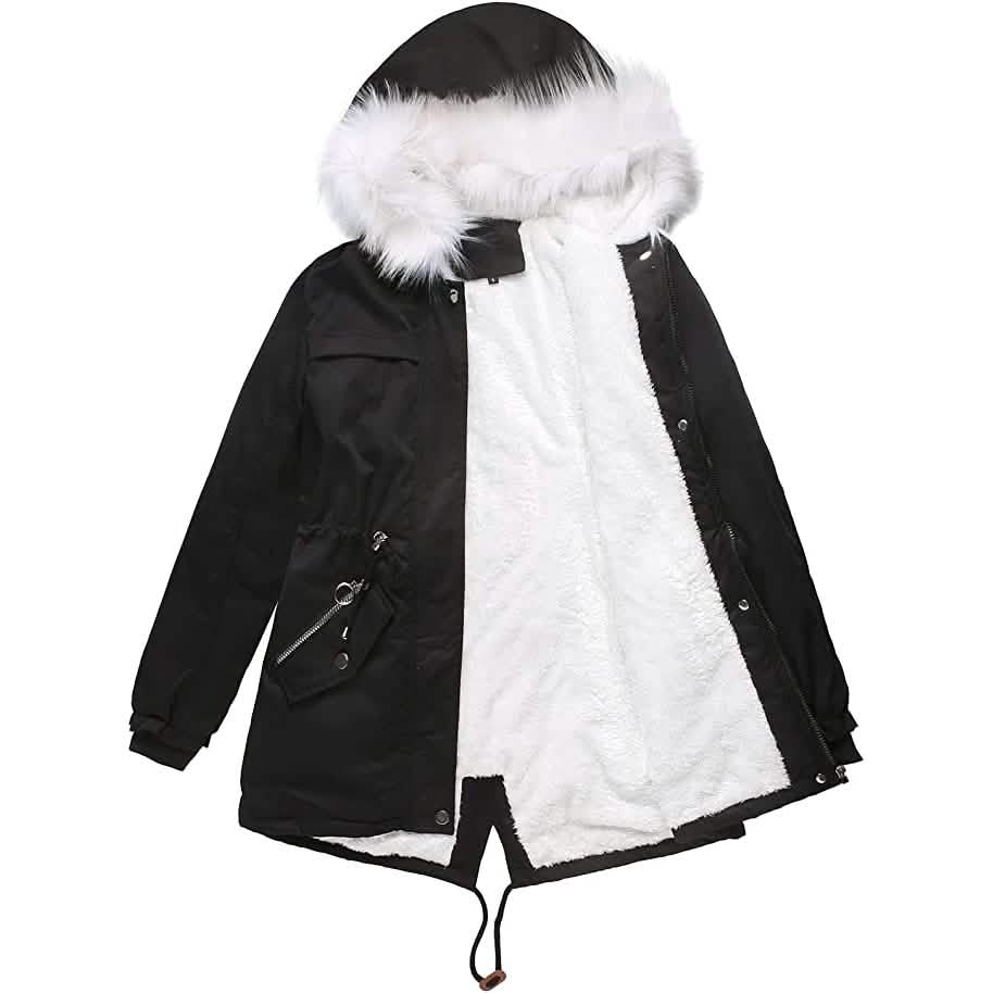 Damen dicker warmer Fleece-gefütterter Wintermantel Jacke Parka mit flauschiger Kapuze