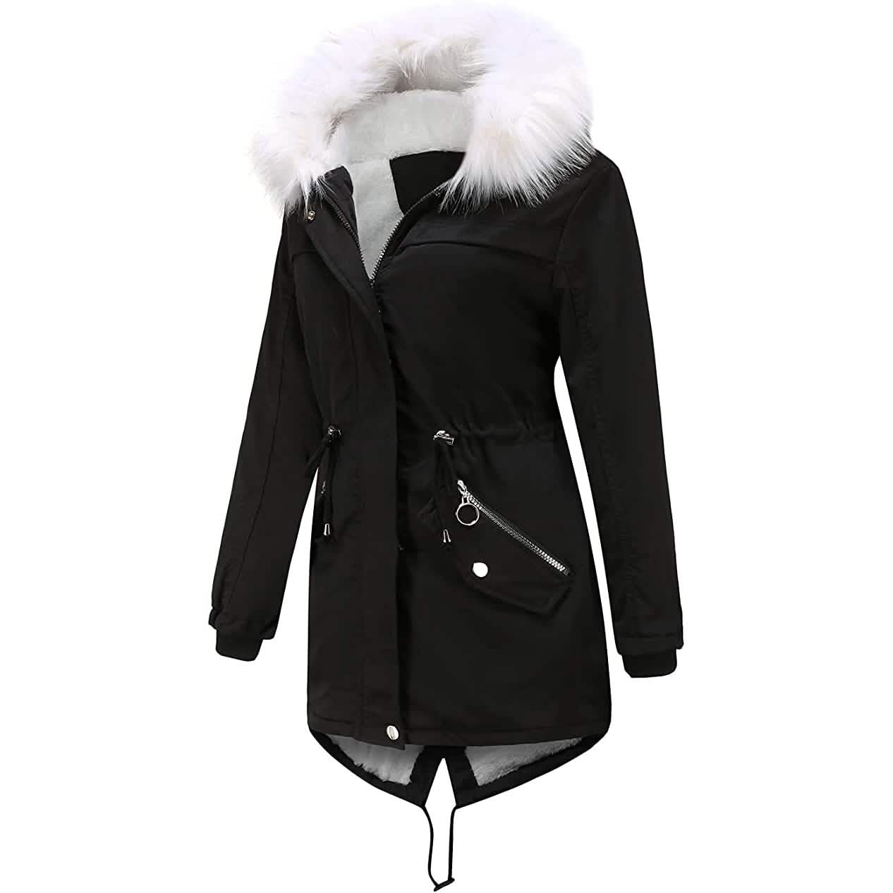 Damen dicker warmer Fleece-gefütterter Wintermantel Jacke Parka mit flauschiger Kapuze