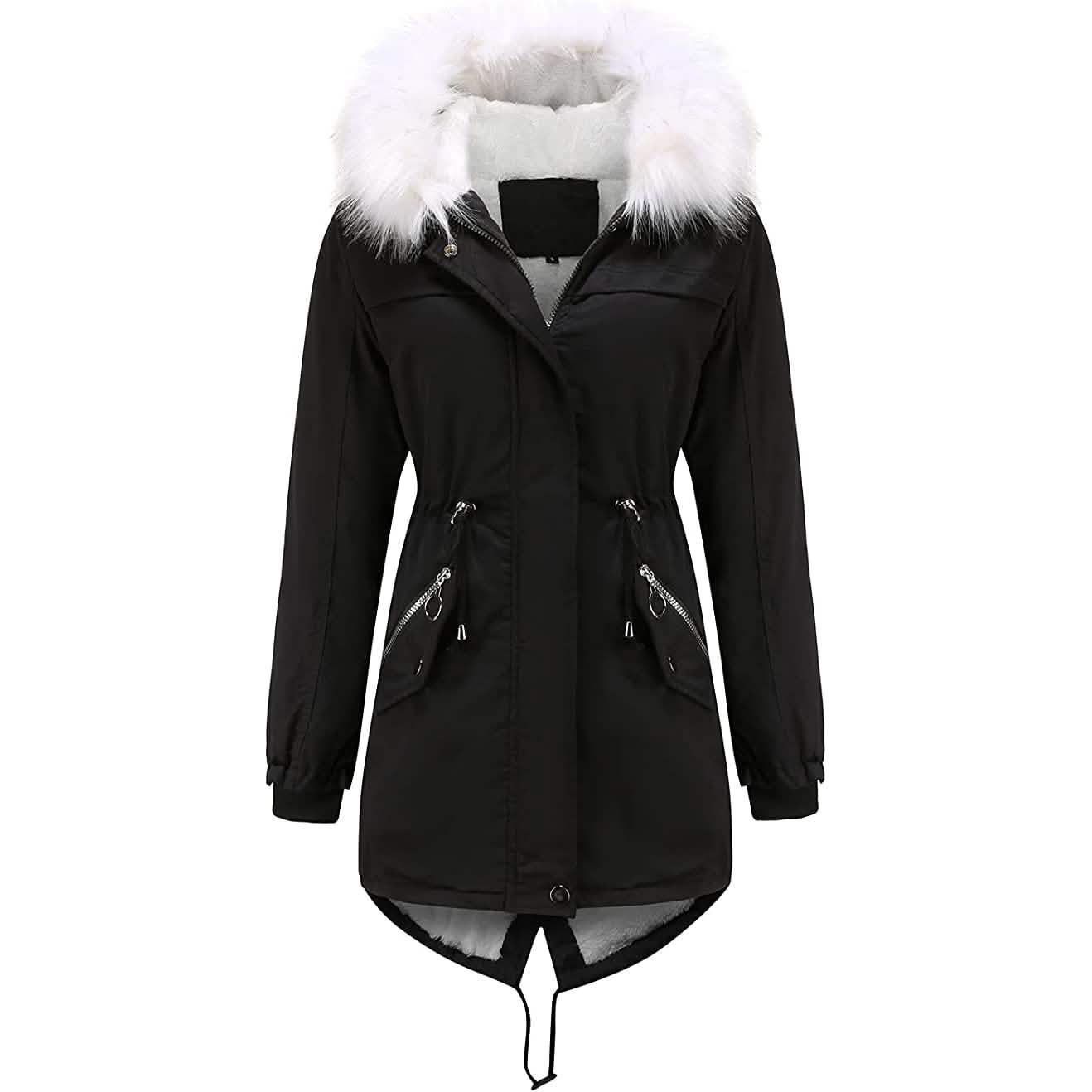 Damen dicker warmer Fleece-gefütterter Wintermantel Jacke Parka mit flauschiger Kapuze