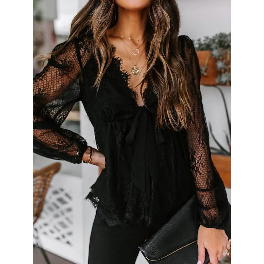 Damen Tunika Bluse Ösen Top V-Ausschnitt Oberteile