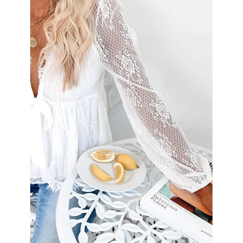 Damen Tunika Bluse Ösen Top V-Ausschnitt Oberteile