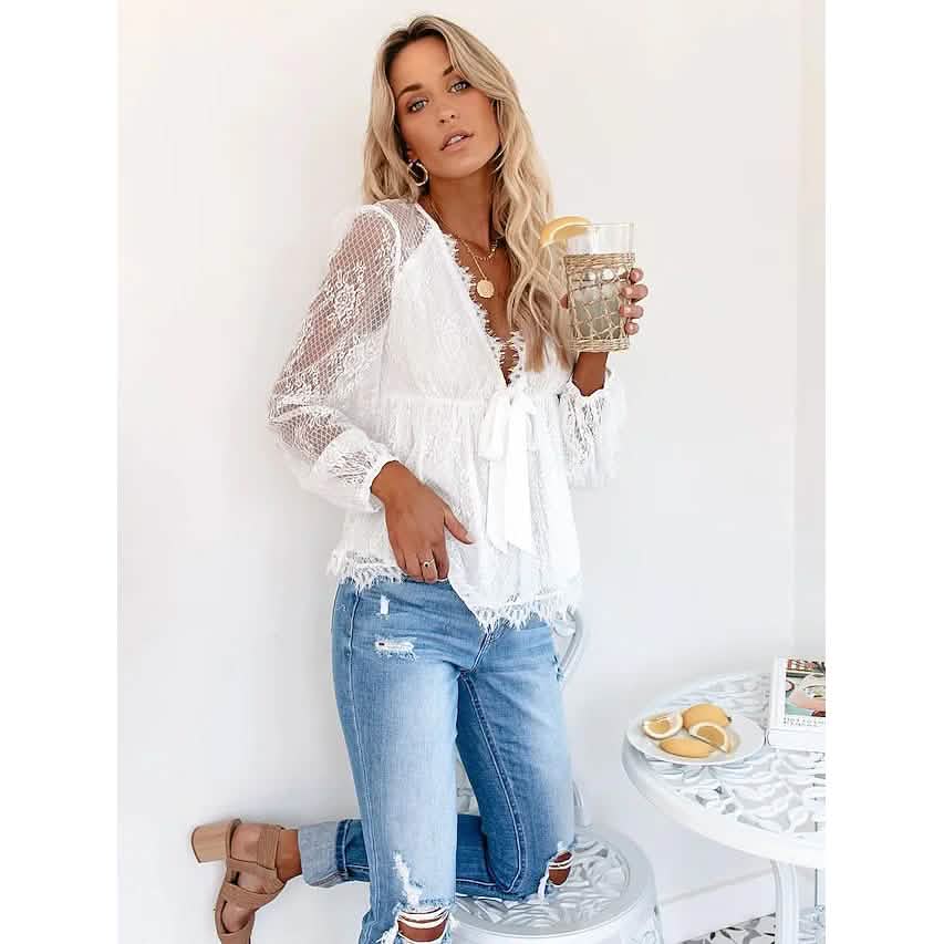 Damen Tunika Bluse Ösen Top V-Ausschnitt Oberteile