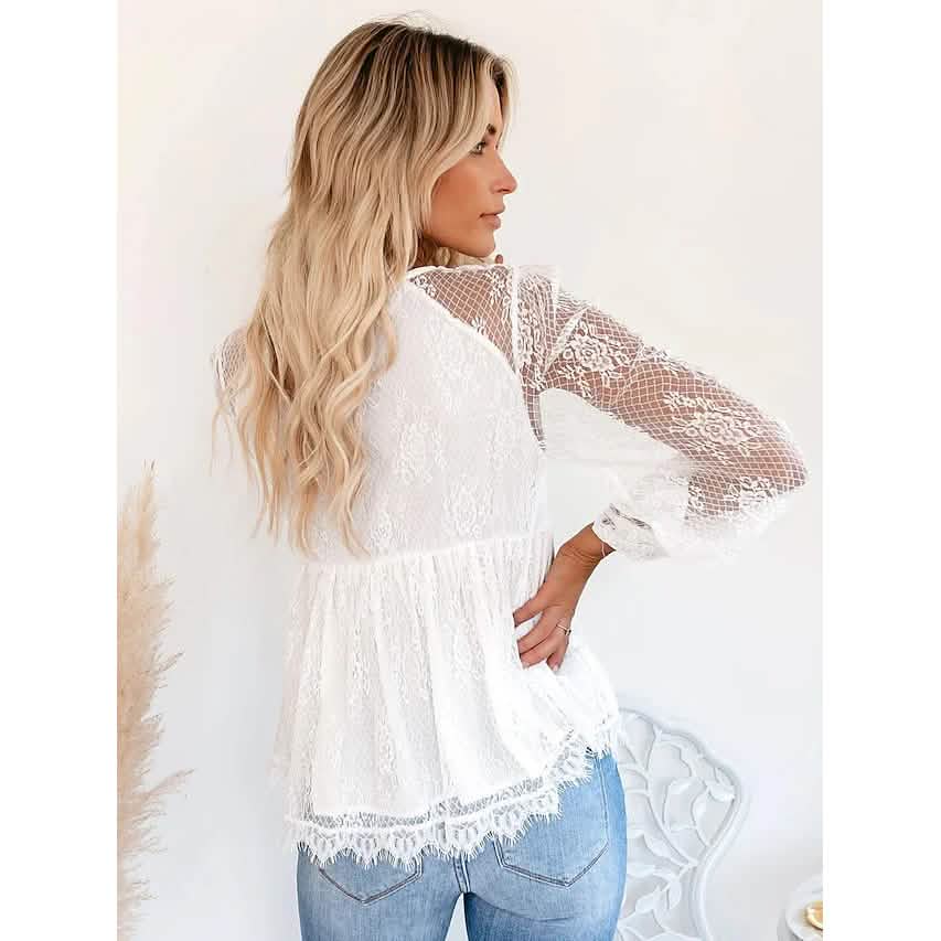Damen Tunika Bluse Ösen Top V-Ausschnitt Oberteile
