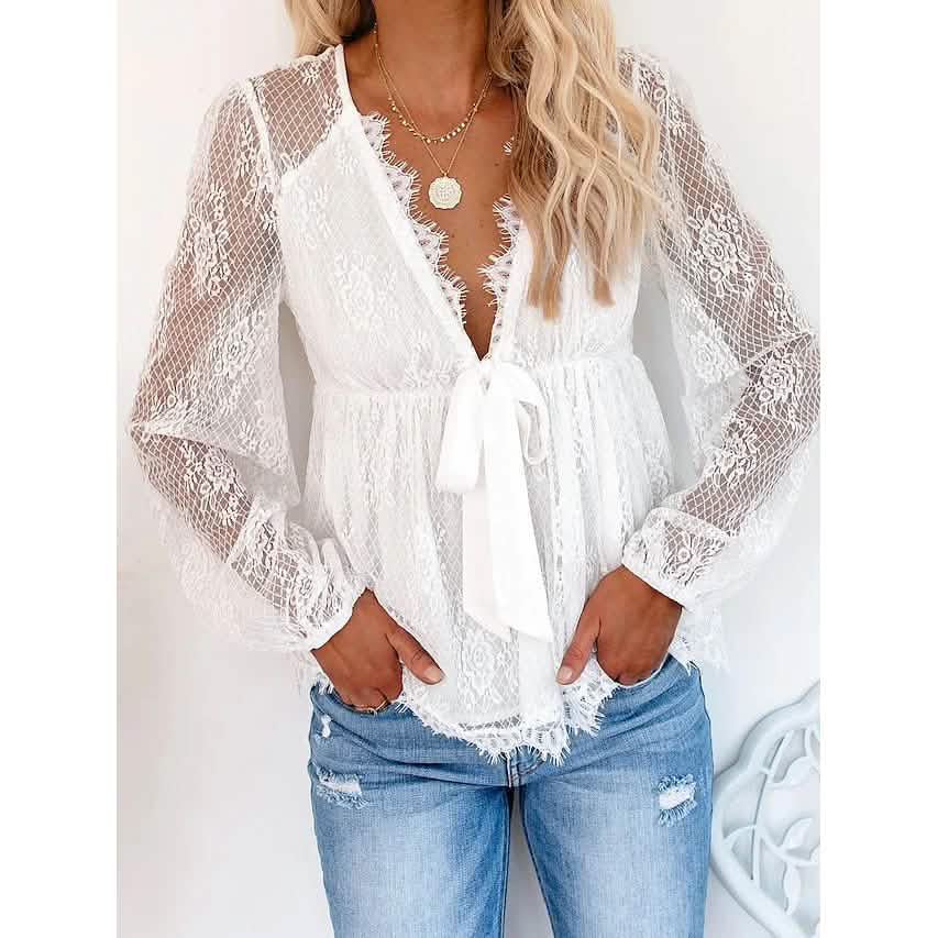 Damen Tunika Bluse Ösen Top V-Ausschnitt Oberteile