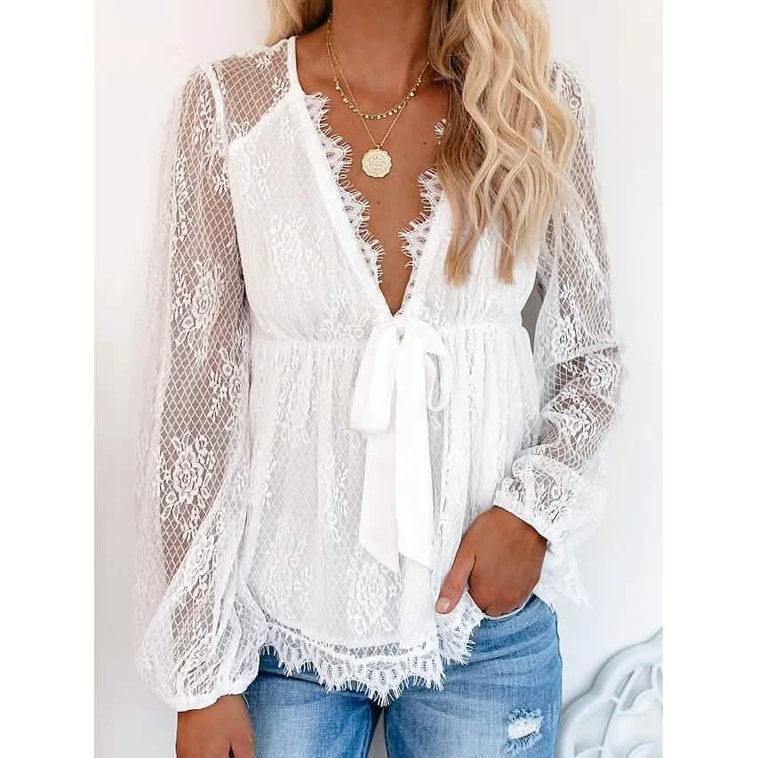 Damen Tunika Bluse Ösen Top V-Ausschnitt Oberteile