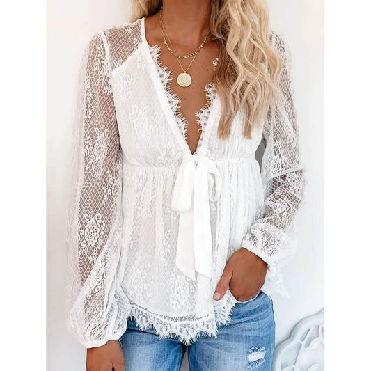 Damen Tunika Bluse Ösen Top V-Ausschnitt Oberteile