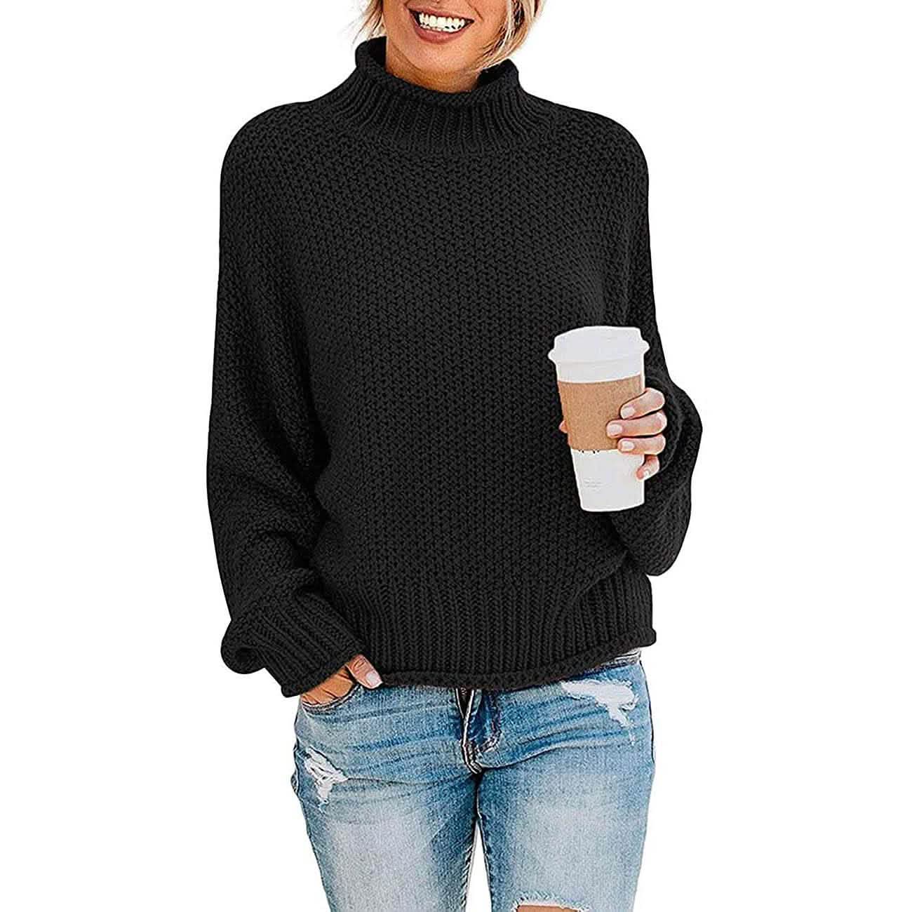 Damen Rollkragen Fledermausärmel Locker Oversized Grob Gestrickter Pullover Sweater Jumper Oberteile