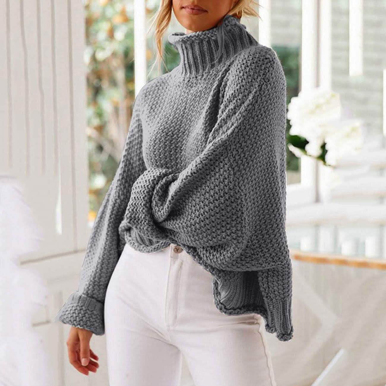 Damen Rollkragen Fledermausärmel Locker Oversized Grob Gestrickter Pullover Sweater Jumper Oberteile