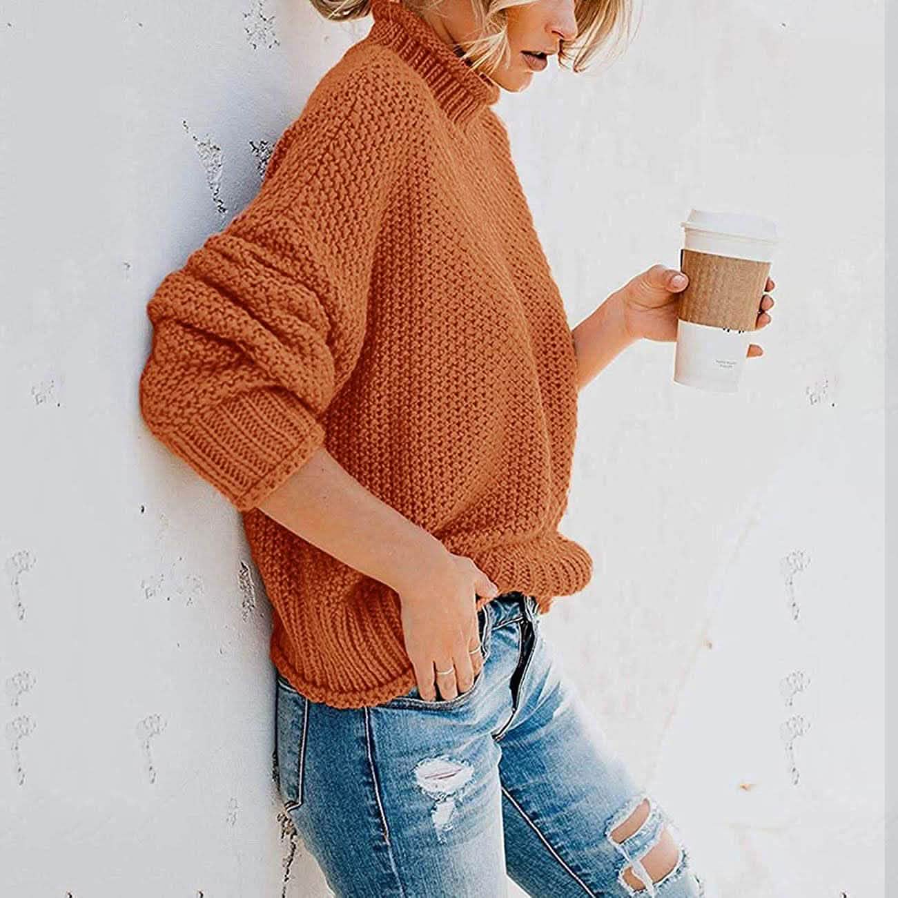 Damen Rollkragen Fledermausärmel Locker Oversized Grob Gestrickter Pullover Sweater Jumper Oberteile