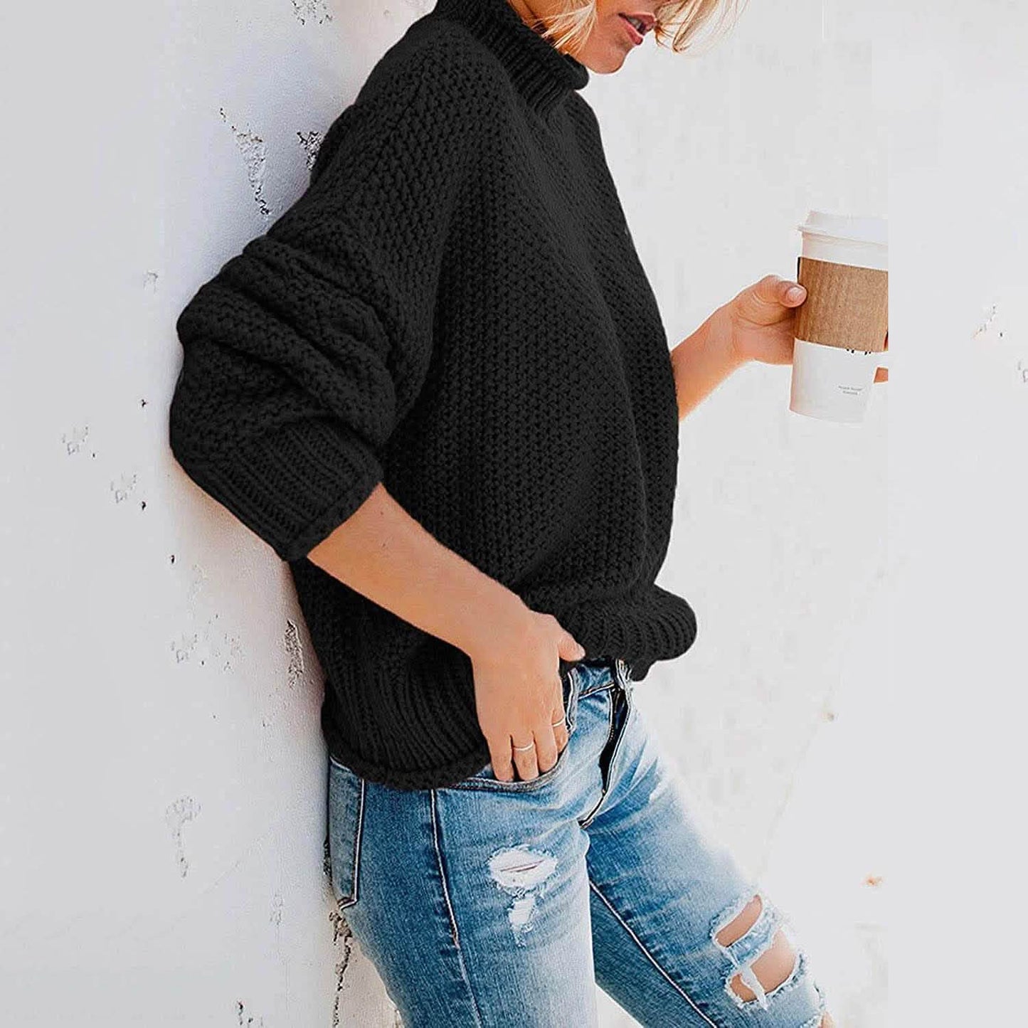 Damen Rollkragen Fledermausärmel Locker Oversized Grob Gestrickter Pullover Sweater Jumper Oberteile