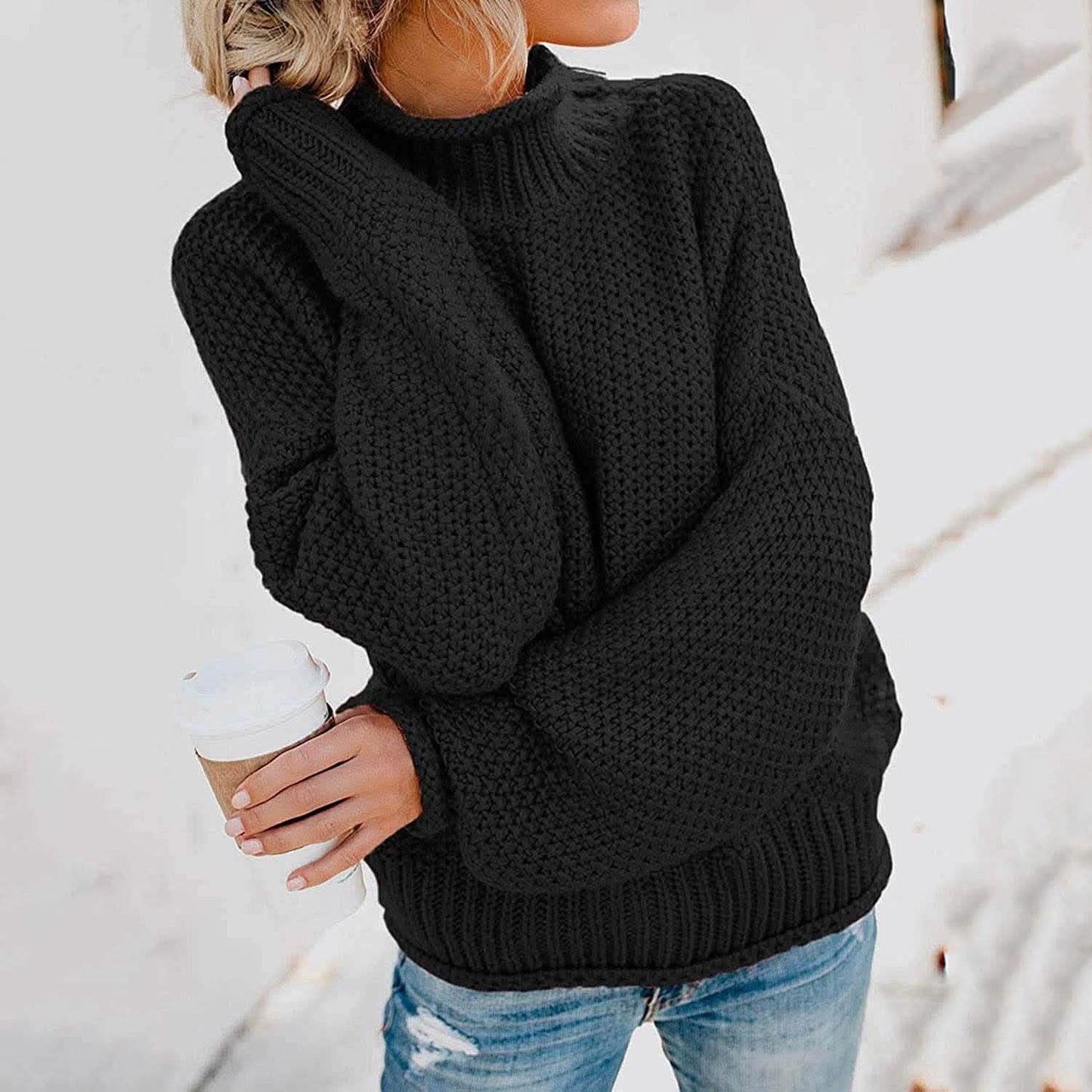 Damen Rollkragen Fledermausärmel Locker Oversized Grob Gestrickter Pullover Sweater Jumper Oberteile