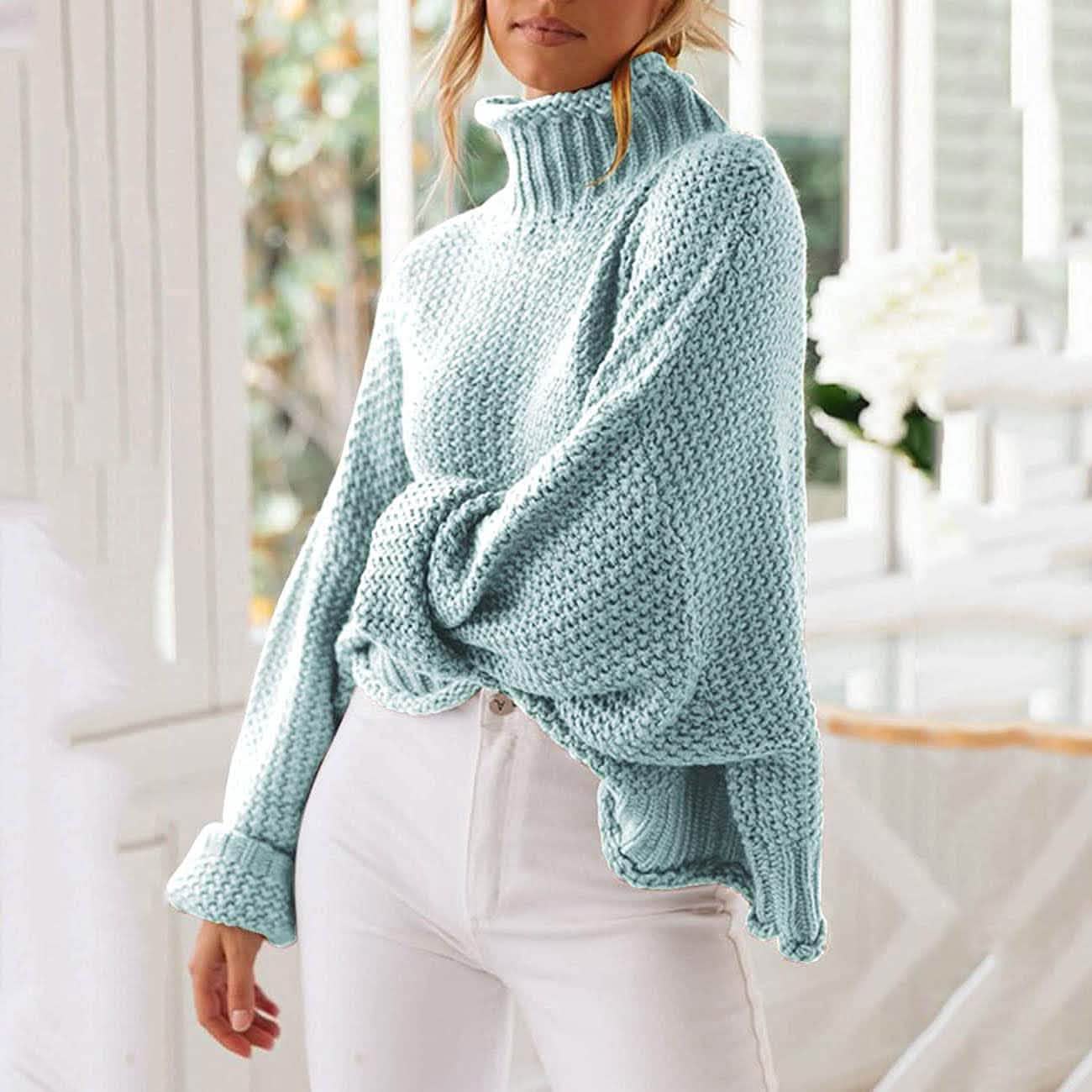 Damen Rollkragen Fledermausärmel Locker Oversized Grob Gestrickter Pullover Sweater Jumper Oberteile