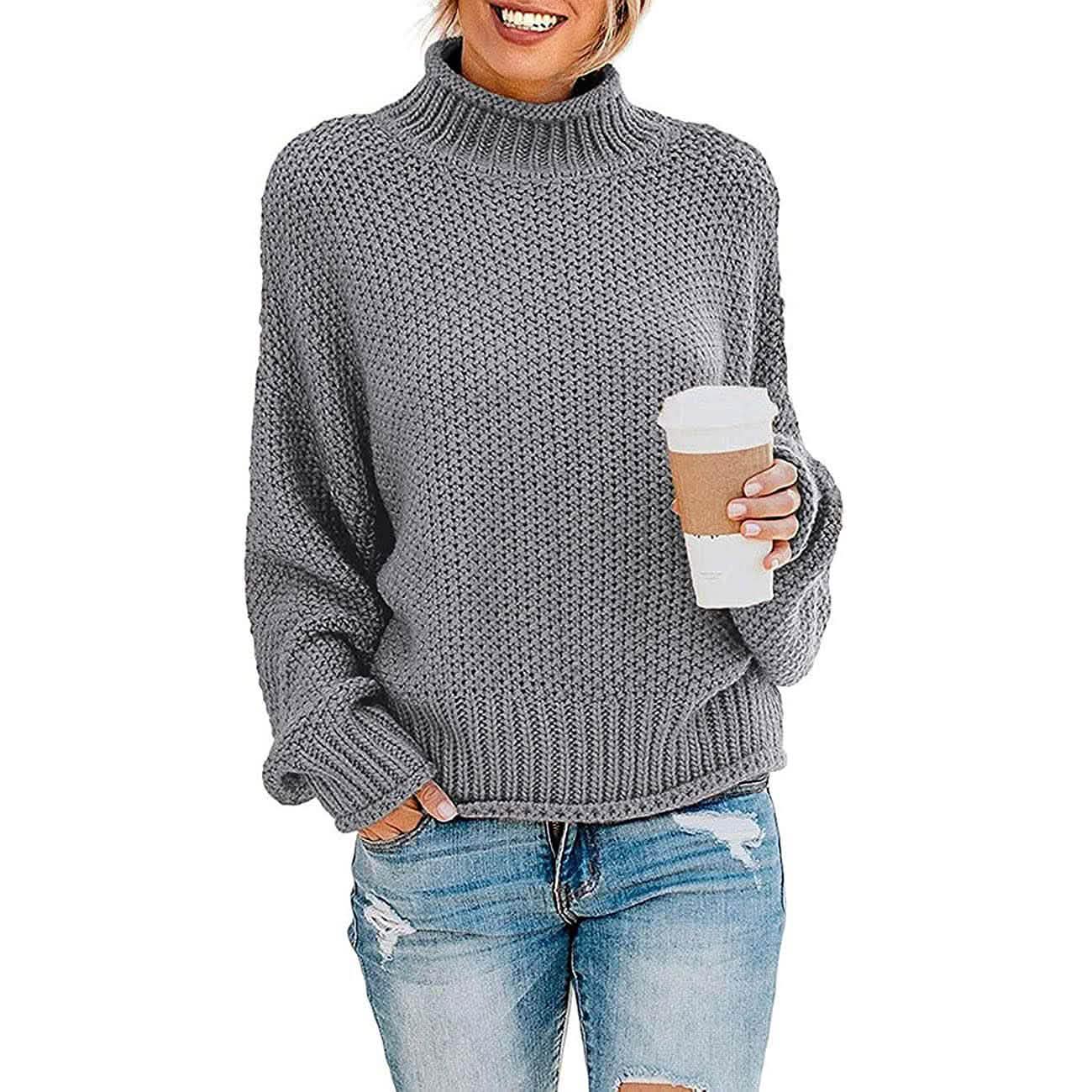 Damen Rollkragen Fledermausärmel Locker Oversized Grob Gestrickter Pullover Sweater Jumper Oberteile