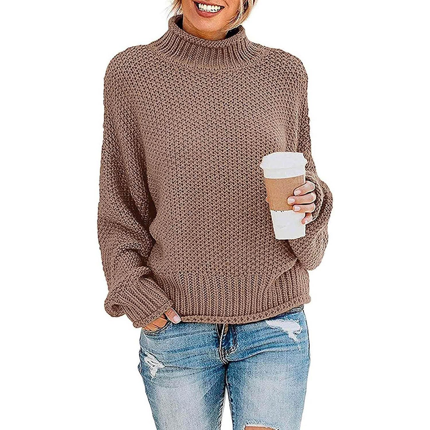 Damen Rollkragen Fledermausärmel Locker Oversized Grob Gestrickter Pullover Sweater Jumper Oberteile