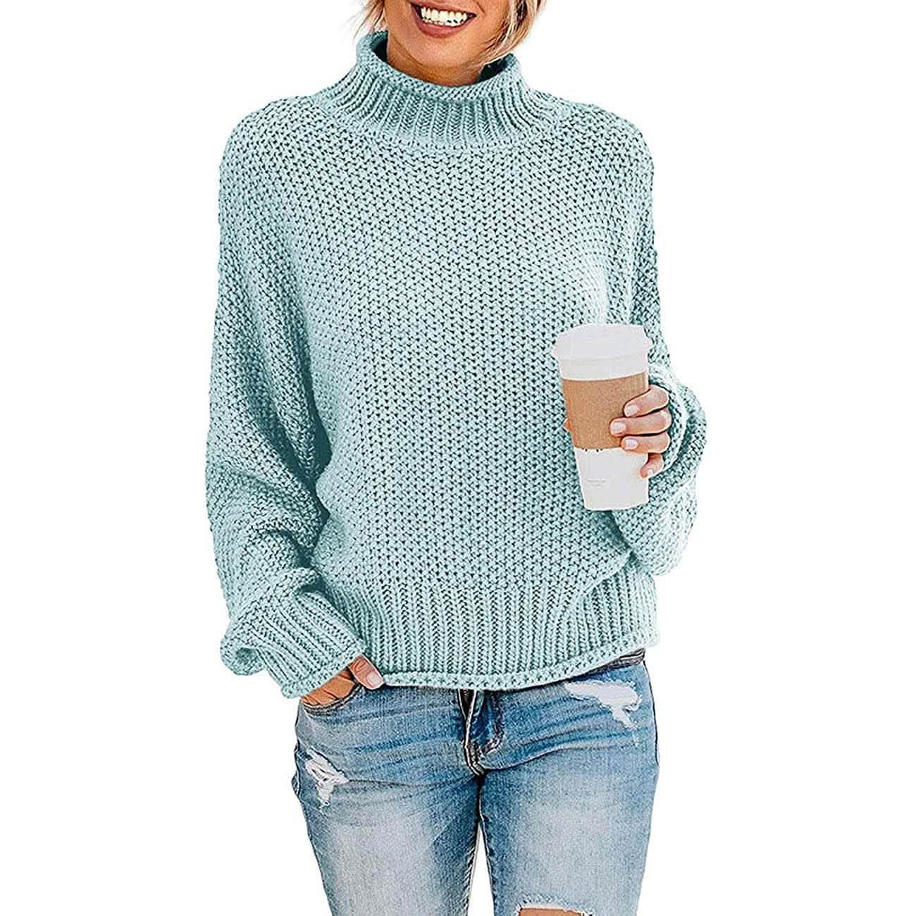 Damen Rollkragen Fledermausärmel Locker Oversized Grob Gestrickter Pullover Sweater Jumper Oberteile