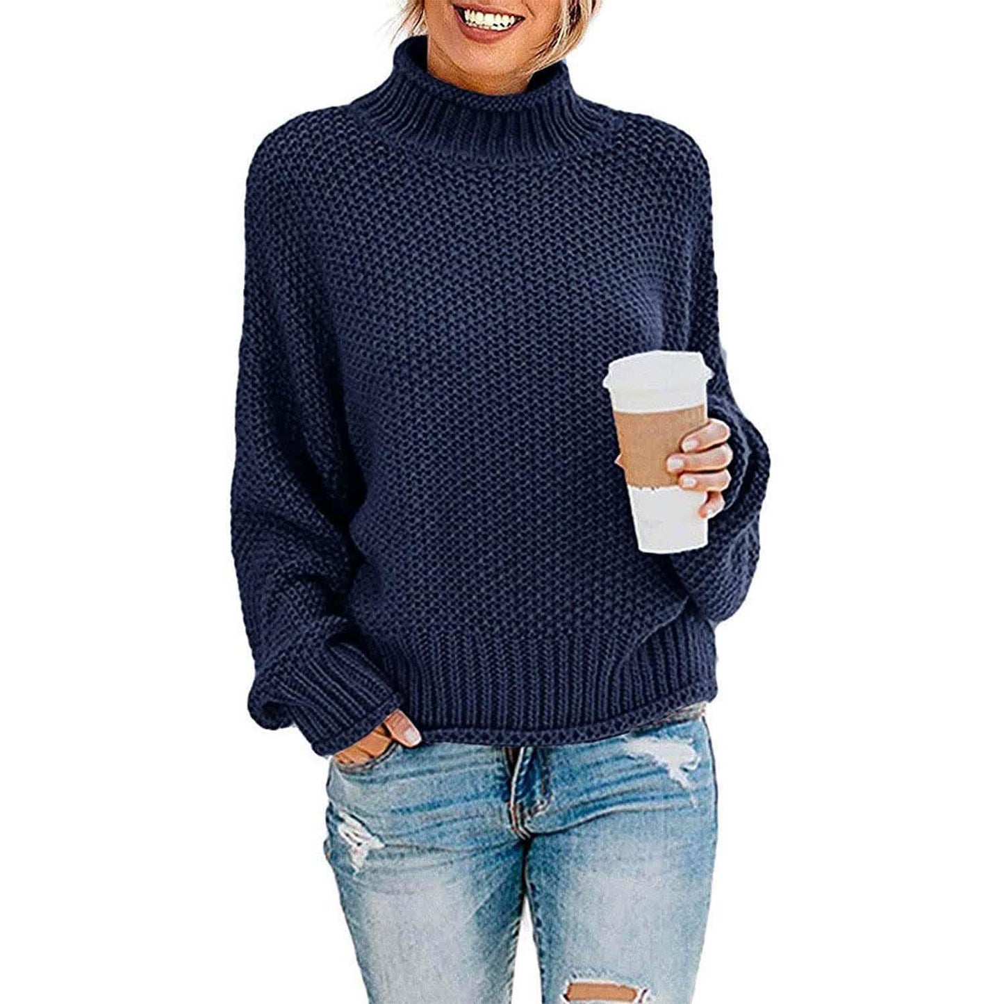 Damen Rollkragen Fledermausärmel Locker Oversized Grob Gestrickter Pullover Sweater Jumper Oberteile