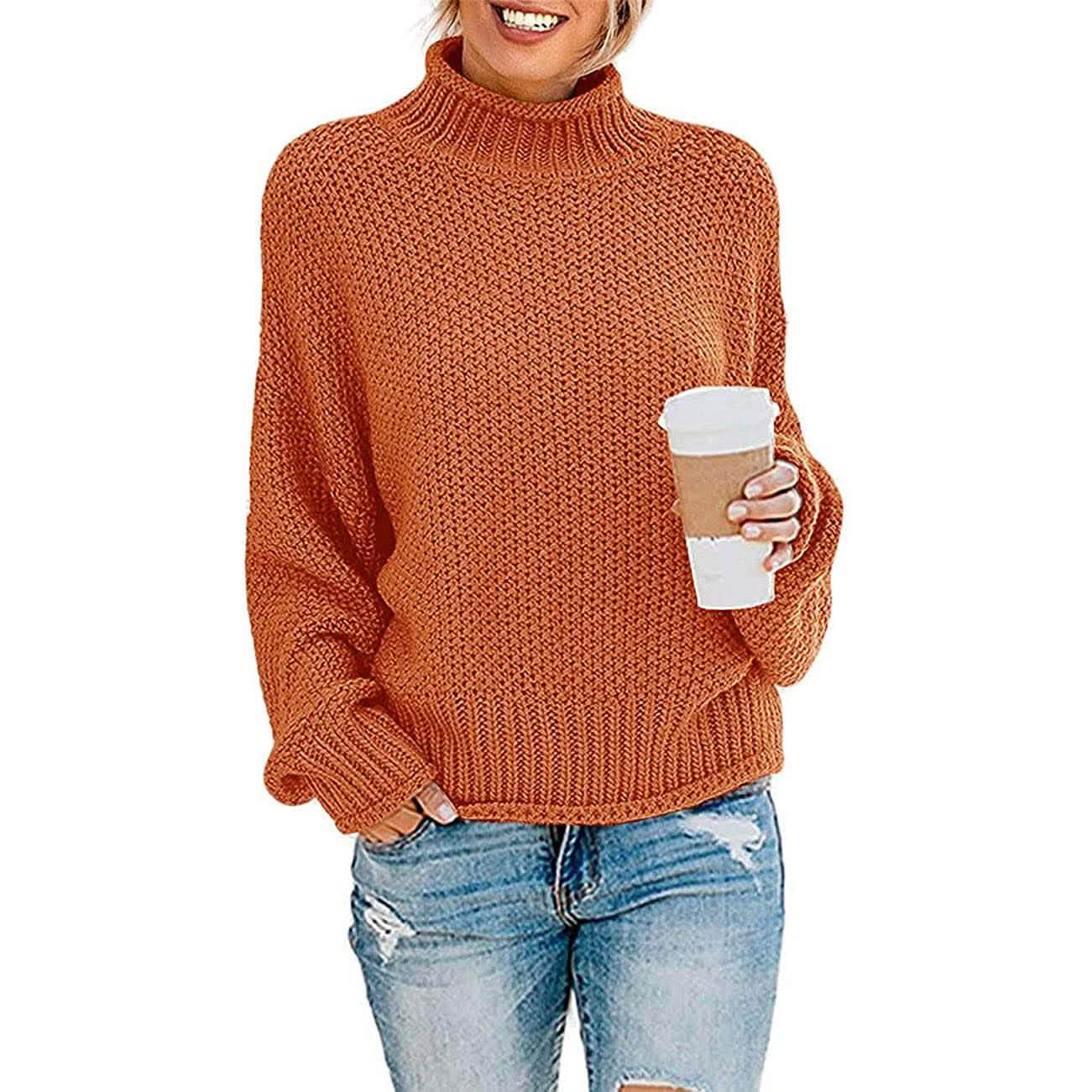 Damen Rollkragen Fledermausärmel Locker Oversized Grob Gestrickter Pullover Sweater Jumper Oberteile
