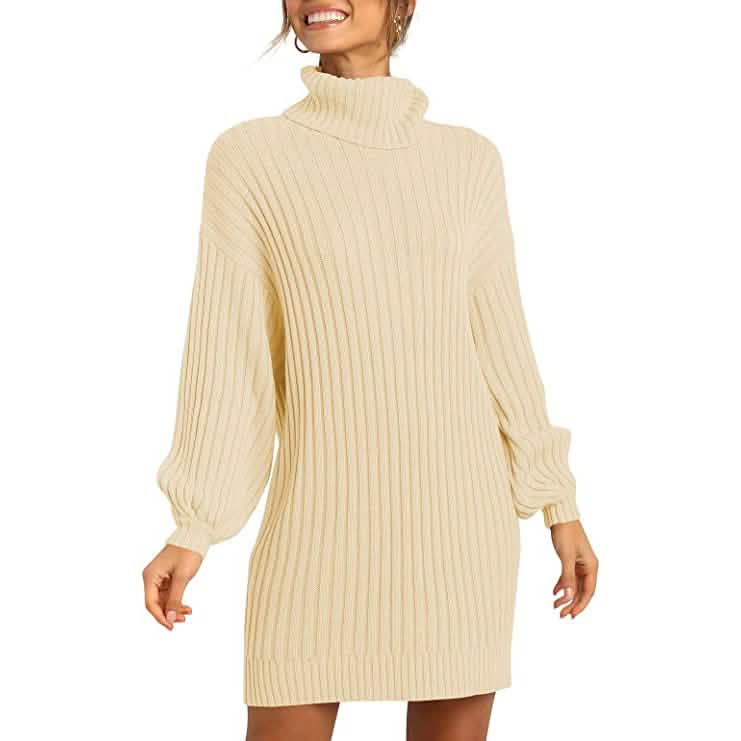 Damen Rollkragenpullover, langärmelig, lockerer Oversized Strickkleid