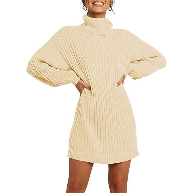 Damen Rollkragenpullover, langärmelig, lockerer Oversized Strickkleid