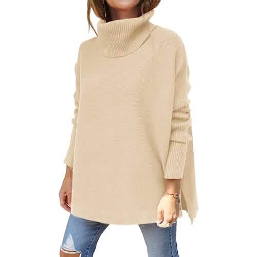 Damen Rollkragen Oversized Pullover Lange Fledermausärmel Geschlitzter Saum Tunika