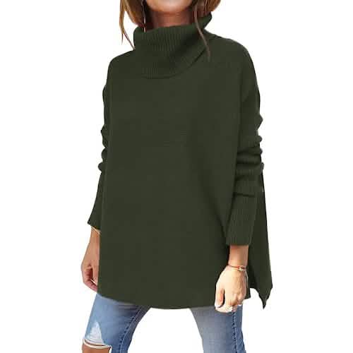 Damen Rollkragen Oversized Pullover Lange Fledermausärmel Geschlitzter Saum Tunika
