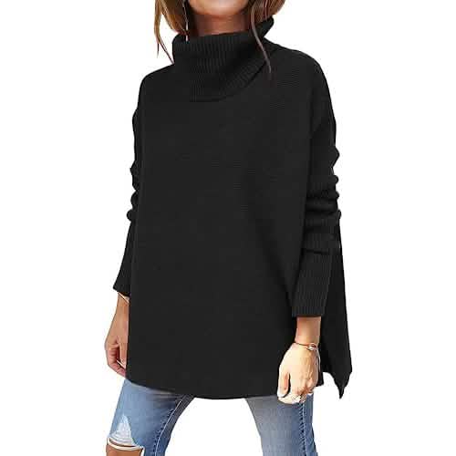 Damen Rollkragen Oversized Pullover Lange Fledermausärmel Geschlitzter Saum Tunika