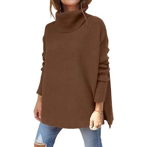 Damen Rollkragen Oversized Pullover Lange Fledermausärmel Geschlitzter Saum Tunika