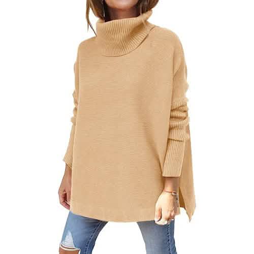 Damen Rollkragen Oversized Pullover Lange Fledermausärmel Geschlitzter Saum Tunika
