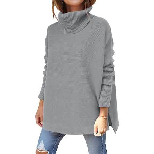 Damen Rollkragen Oversized Pullover Lange Fledermausärmel Geschlitzter Saum Tunika