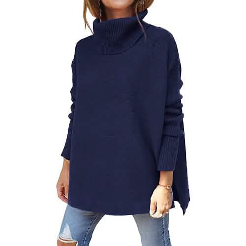 Damen Rollkragen Oversized Pullover Lange Fledermausärmel Geschlitzter Saum Tunika