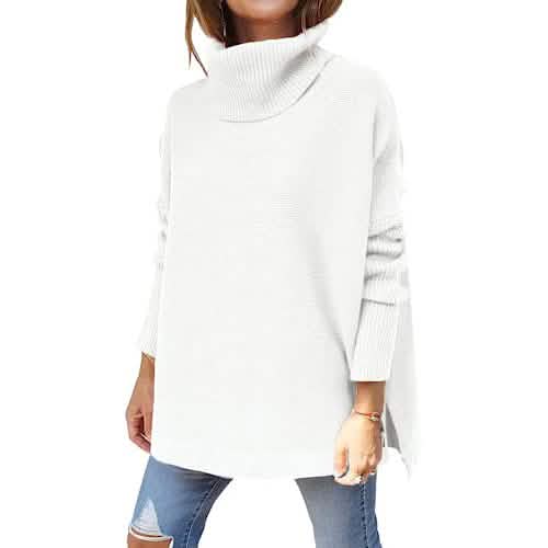 Damen Rollkragen Oversized Pullover Lange Fledermausärmel Geschlitzter Saum Tunika