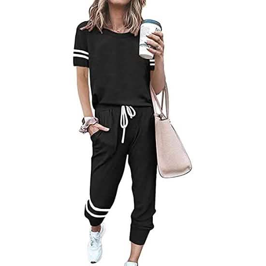 Damen Zweiteilige Outfits Freizeit-Trainingsanzüge Kurzarm-Sweatsuits mit Taschen