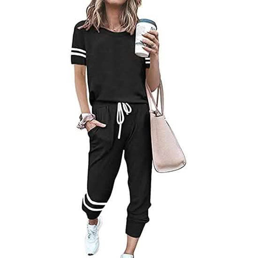 Damen Zweiteilige Outfits Freizeit-Trainingsanzüge Kurzarm-Sweatsuits mit Taschen