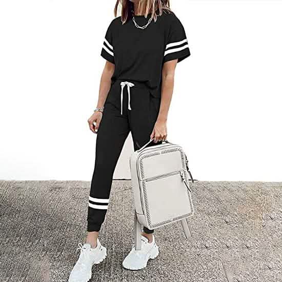 Damen Zweiteilige Outfits Freizeit-Trainingsanzüge Kurzarm-Sweatsuits mit Taschen
