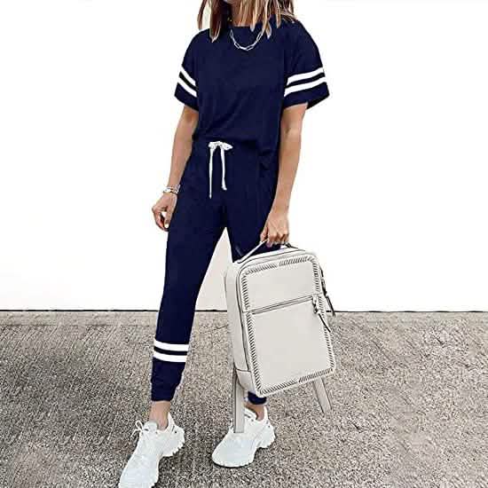 Damen Zweiteilige Outfits Freizeit-Trainingsanzüge Kurzarm-Sweatsuits mit Taschen