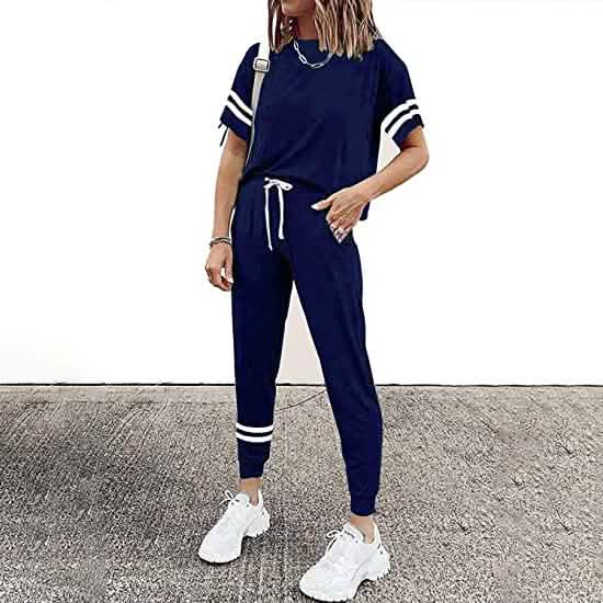 Damen Zweiteilige Outfits Freizeit-Trainingsanzüge Kurzarm-Sweatsuits mit Taschen