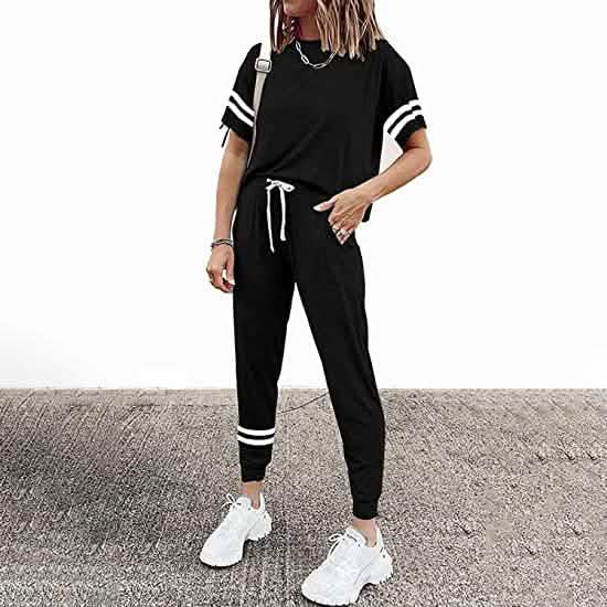 Damen Zweiteilige Outfits Freizeit-Trainingsanzüge Kurzarm-Sweatsuits mit Taschen