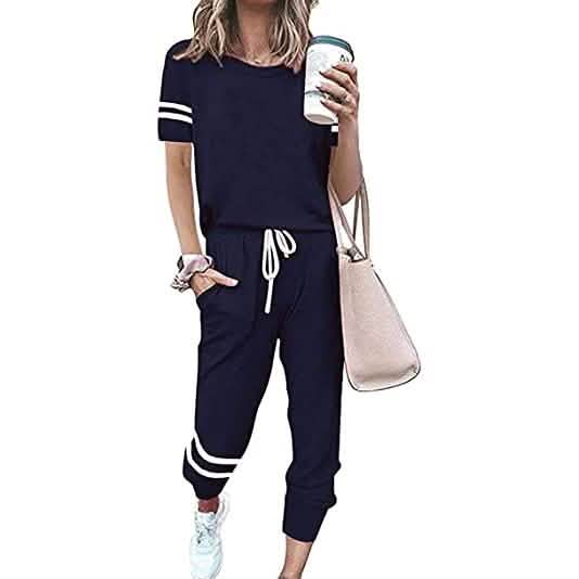Damen Zweiteilige Outfits Freizeit-Trainingsanzüge Kurzarm-Sweatsuits mit Taschen