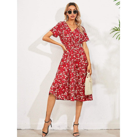 Damen V-Ausschnitt Freizeit Boho Loose Midi-Kleid