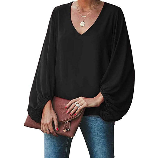 Damen V-Ausschnitt Chiffon Blusen Lässige Ballonärmel Geblümte bedruckte Hemden Oberteile