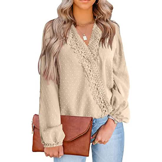 Damen V-Ausschnitt Chiffon Spitze Pom-Pom Langarm-Oberteil