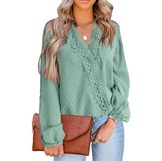 Damen V-Ausschnitt Chiffon Spitze Pom-Pom Langarm-Oberteil