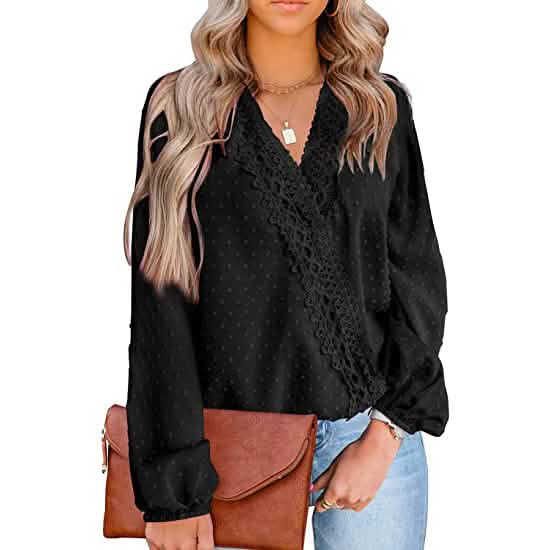 Damen V-Ausschnitt Chiffon Spitze Pom-Pom Langarm-Oberteil