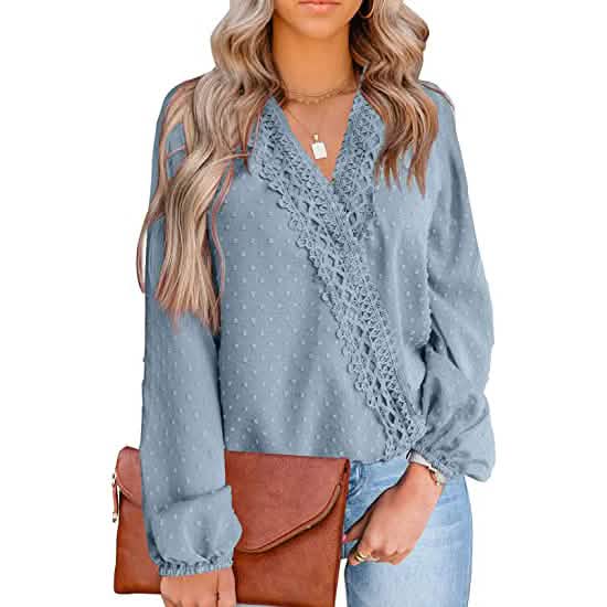 Damen V-Ausschnitt Chiffon Spitze Pom-Pom Langarm-Oberteil