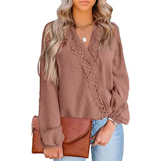 Damen V-Ausschnitt Chiffon Spitze Pom-Pom Langarm-Oberteil