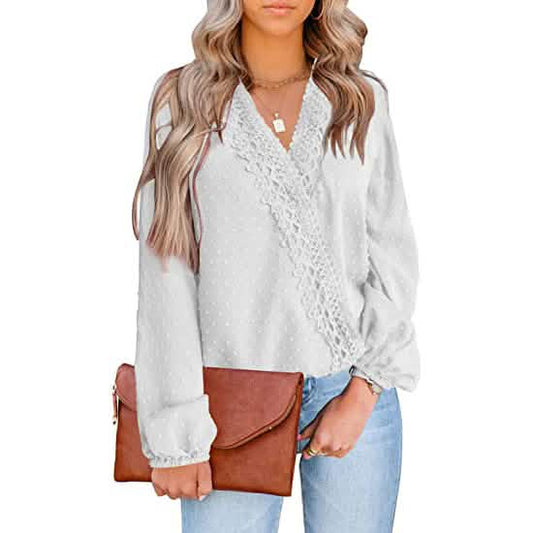Damen V-Ausschnitt Chiffon Spitze Pom-Pom Langarm-Oberteil