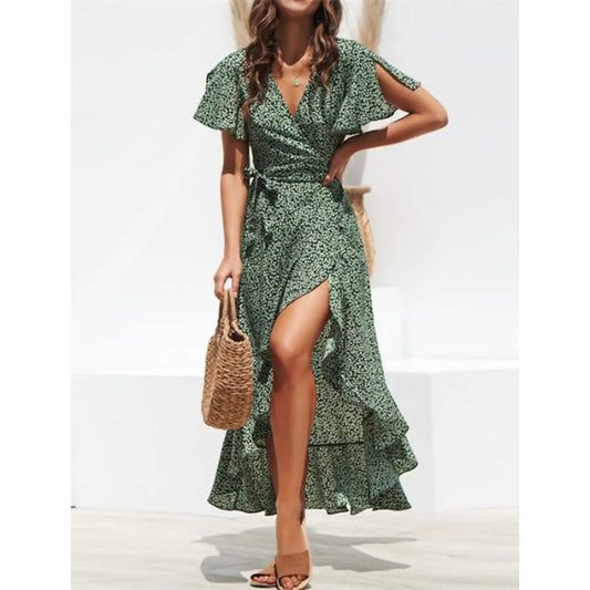 Elegantes Damen-V-Ausschnitt-Chiffonkleid lang