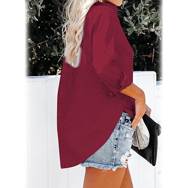 Damen V-Ausschnitt Satin Geprägtes Roll-Up-Manschetten-Hemd-Oberteil